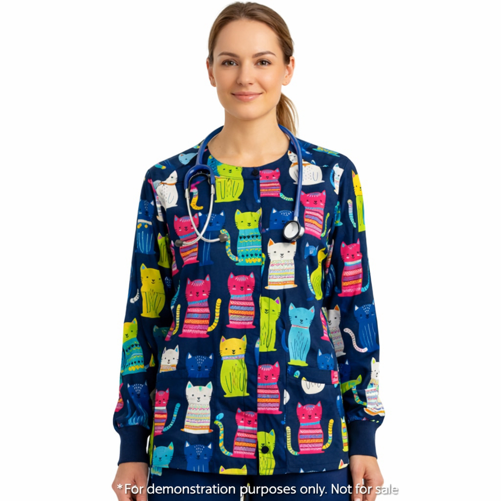 Butter Soft Cat Print Scrub Top Stretch Navy Multicolor Kawaii Cute Size Small